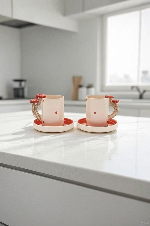 Handmade Ceramic Coffee Cup Set with Mushroom Handles for Cozy Morning