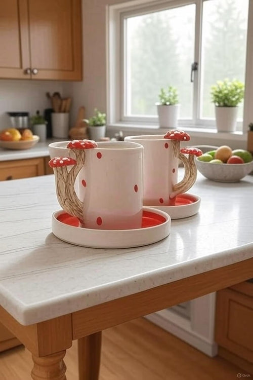 Handmade Ceramic Coffee Cup Set with Mushroom Handles for Cozy Morning