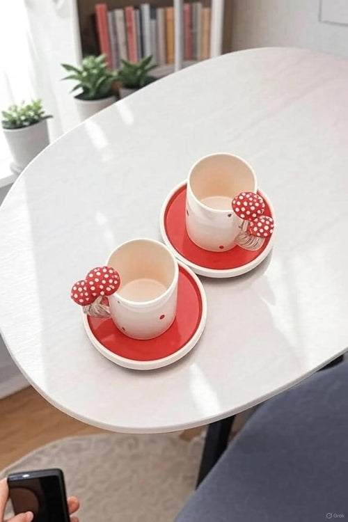 Handmade Ceramic Coffee Cup Set with Mushroom Handles for Cozy Morning
